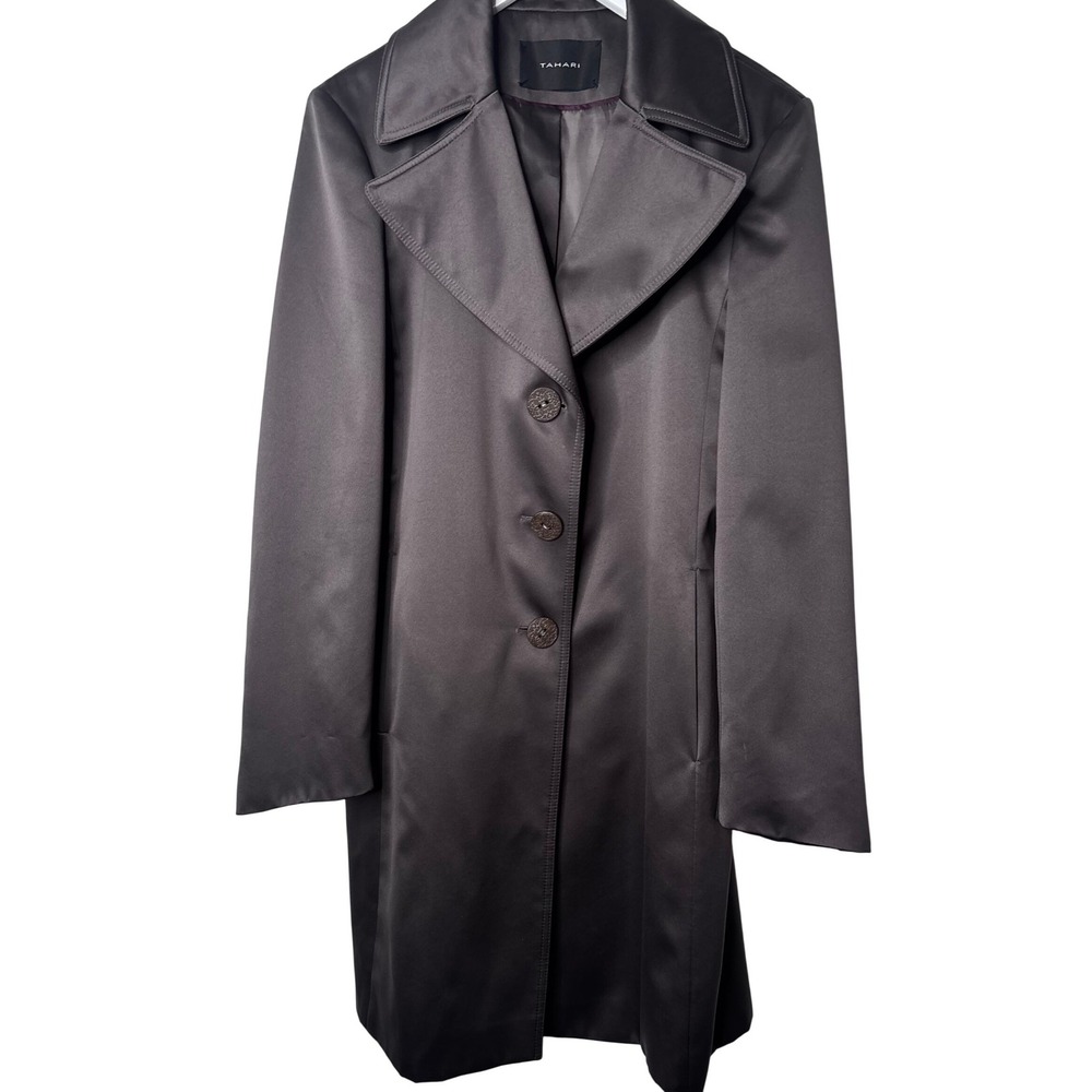 Tahari Trench Coat Women's Brown Excellent Satin Finish Longline Jacket‎ SZ 10